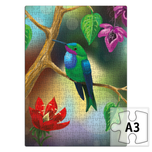 Пазл Птица колибри на ветке с цветами