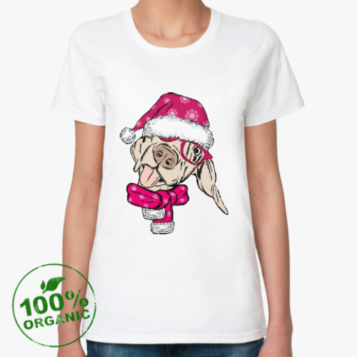 Женская футболка из органик-хлопка Собака Санта показывает язык