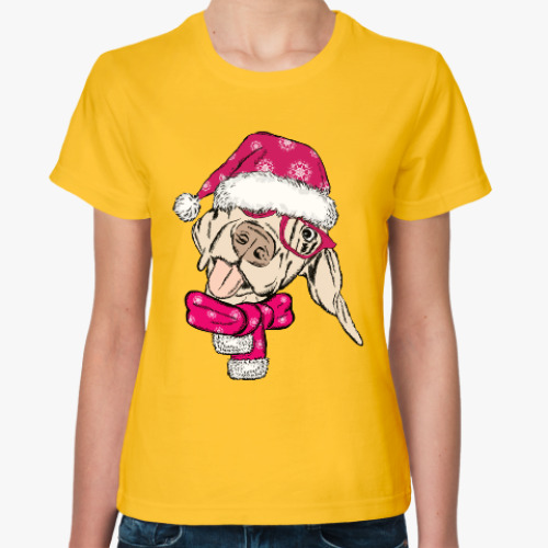 Женская футболка Собака Санта показывает язык