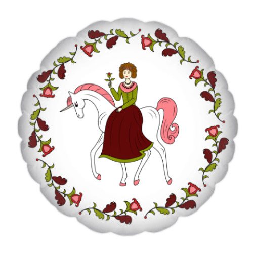 Подушка Russian folk flower ornament. Girl and unicorn