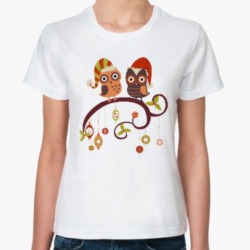 Классическая футболка Две совы зимой