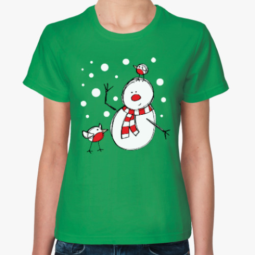 Женская футболка Снеговик и снегири в Новый год