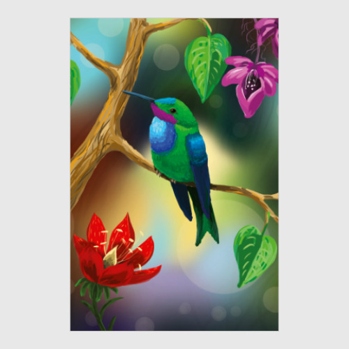 Постер Птица колибри на ветке с цветами