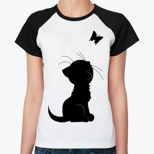 Женская футболка реглан кот и бабочка
