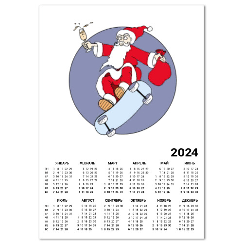 Календарь Новогодний принт с Дедом Морозом. Санта на скейте