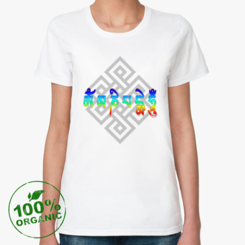 Женская футболка из органик-хлопка Мантра Ом мани падмэ хум радугой+бесконечный узел
