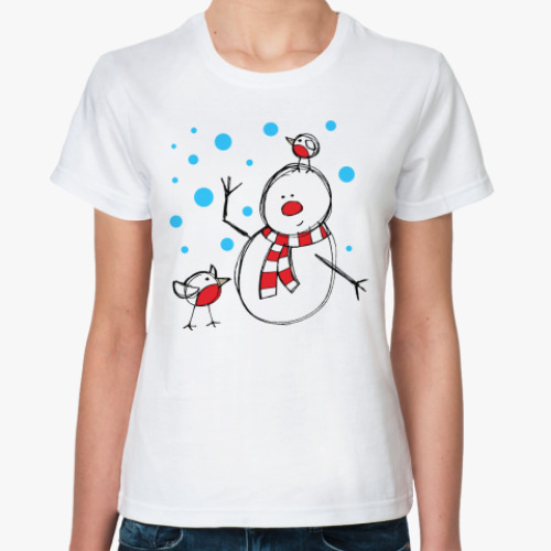Классическая футболка Снеговик и снегири в Новый год