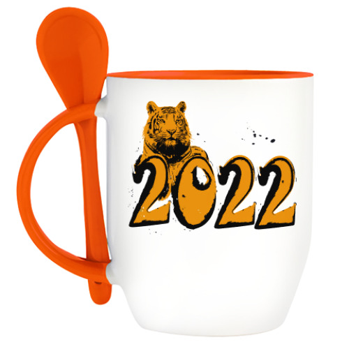 Кружка с ложкой Тигр, символ нового года 2022