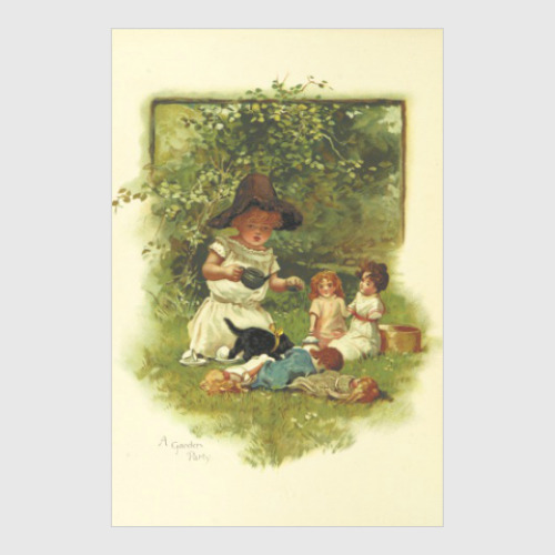 Постер Девочка играет в куклы в саду