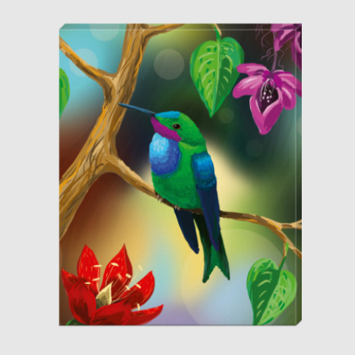Холст Птица колибри на ветке с цветами