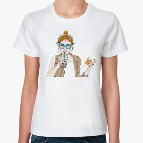 Классическая футболка Нарисованная девушка с кофе
