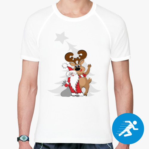 Спортивная футболка Дед Мороз или Санта с оленем около елки