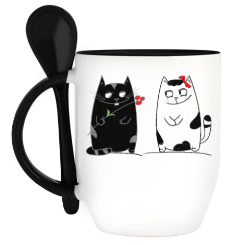 Кружка с ложкой кот и кошка