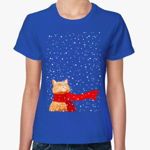 Женская футболка Новогодний котик в снегу