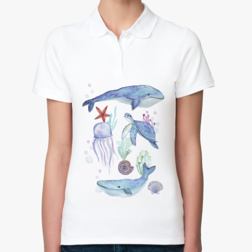 Женская рубашка поло Акварельный подводный мир