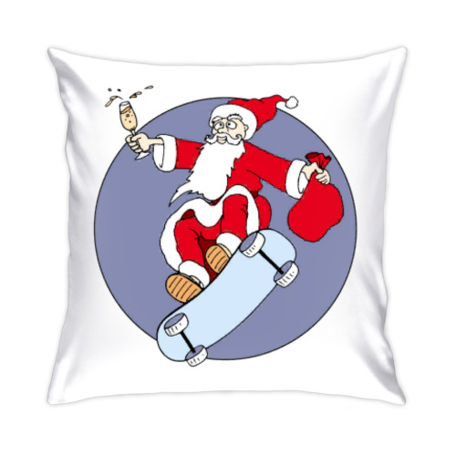 Подушка Новогодний принт с Дедом Морозом. Санта на скейте
