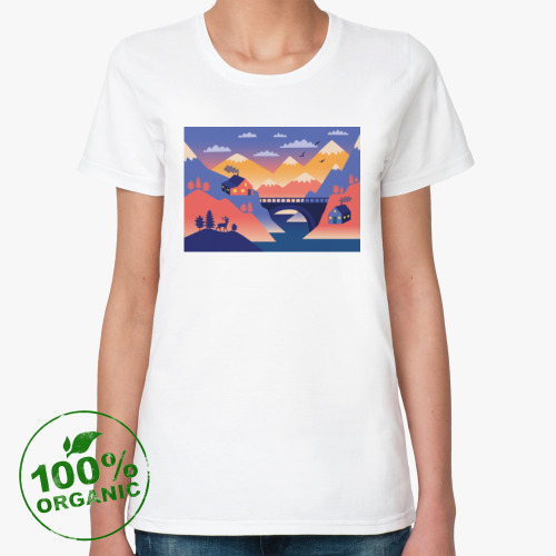 Женская футболка из органик-хлопка Дом, олень и горы