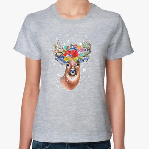 Женская футболка Олень, цветы и снежинки