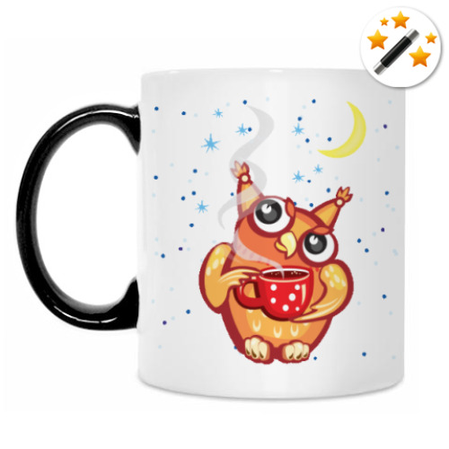 Кружка-хамелеон Сова с чаем и снежинками