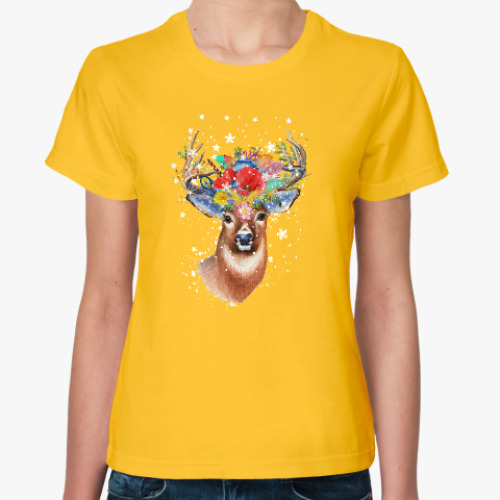 Женская футболка Олень, цветы и снежинки