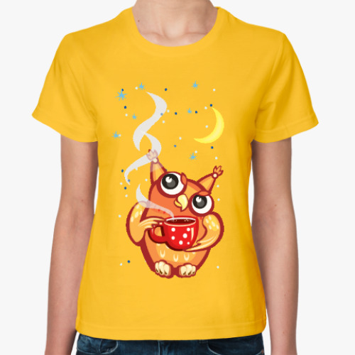 Женская футболка Сова с чаем и снежинками