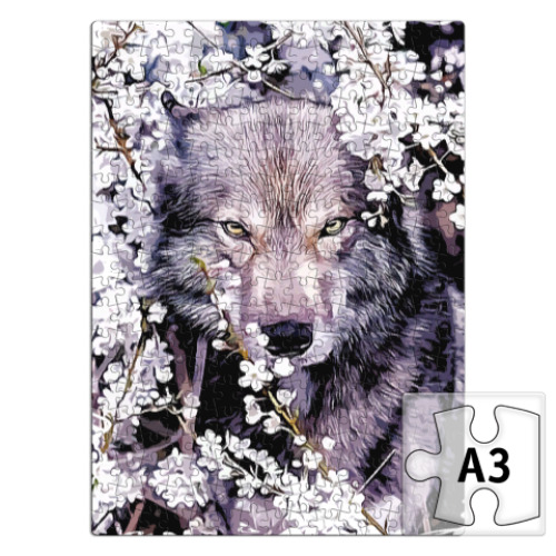 Пазл Волк на фоне весенних цветов