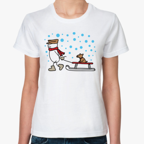 Классическая футболка Снеговик и Собака в Новый год