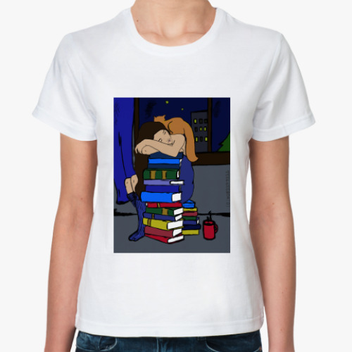 Классическая футболка девушка с книгами и котом