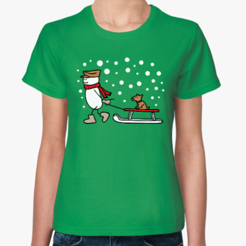 Женская футболка Снеговик и Собака в Новый год