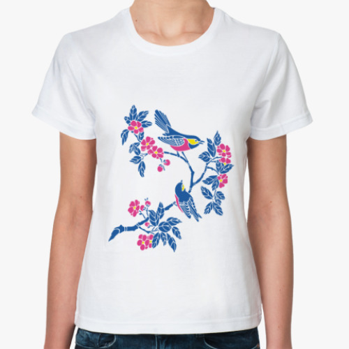 Классическая футболка Цветы и птичка