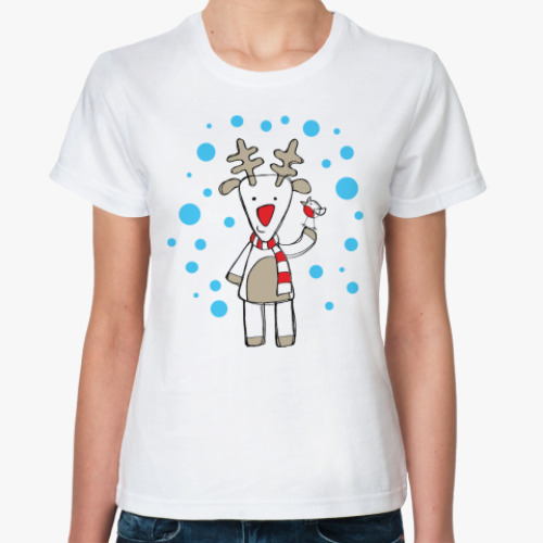 Классическая футболка Олень и снегирь в Новый год