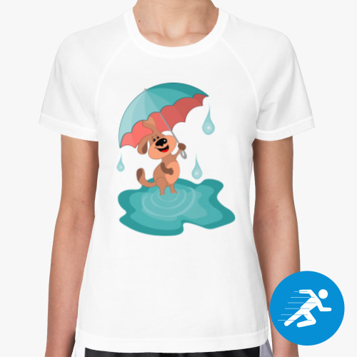 Женская спортивная футболка Пес с зонтом гуляет радостно по лужам