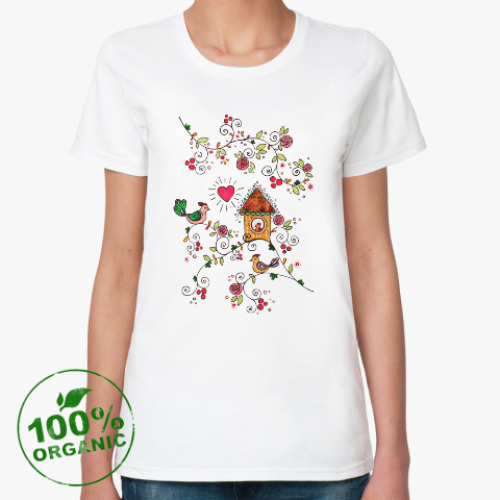 Женская футболка из органик-хлопка Птички, сердечко и домик
